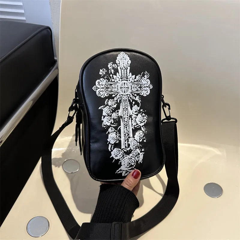 Halloween graffiti phone crossbody bag with cartoon pumpkin ghost bat prints in PU material