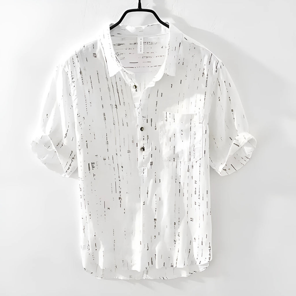 Men's loose fit short sleeve polo shirt in black, showing lapel collar and cardigan style