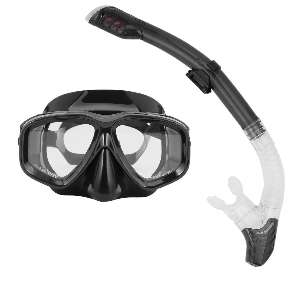 Black PC frame diving goggles with anti-fog glass lens, silicone strap, and mouthpiece.