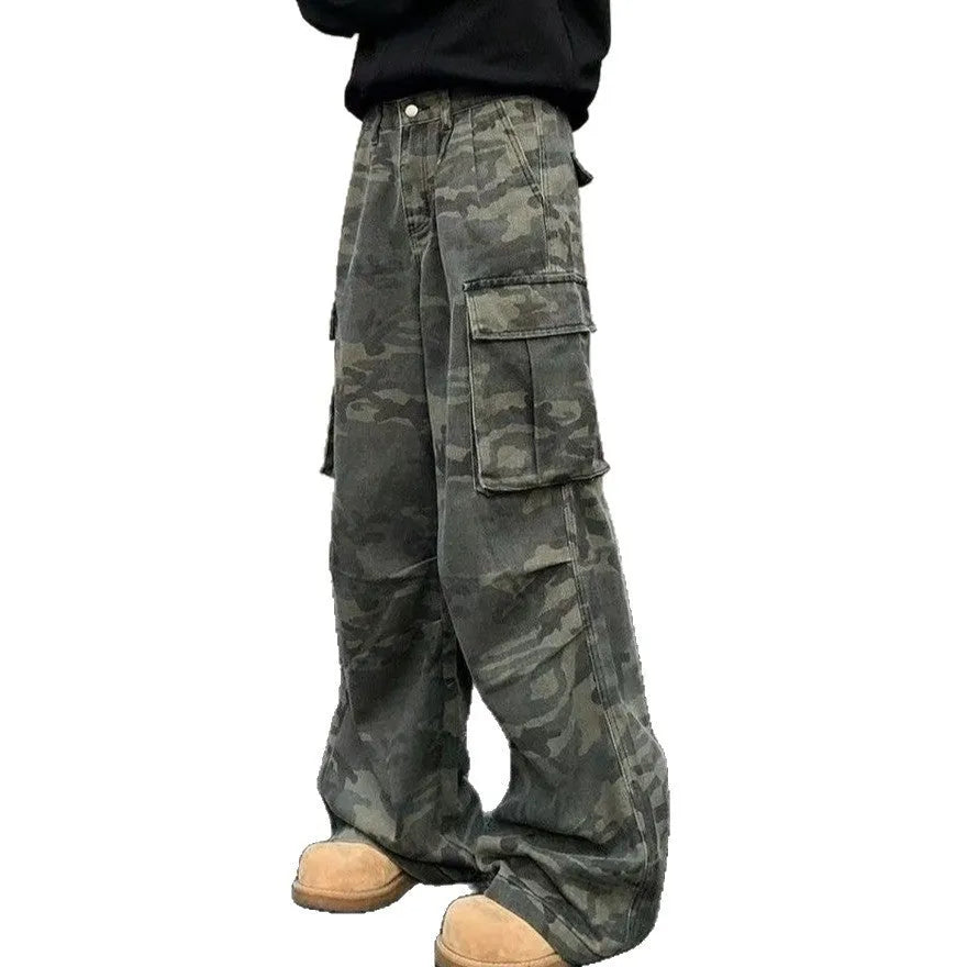 Men's vintage style cargo pants in washed camouflage pattern with multiple pockets, Korean design