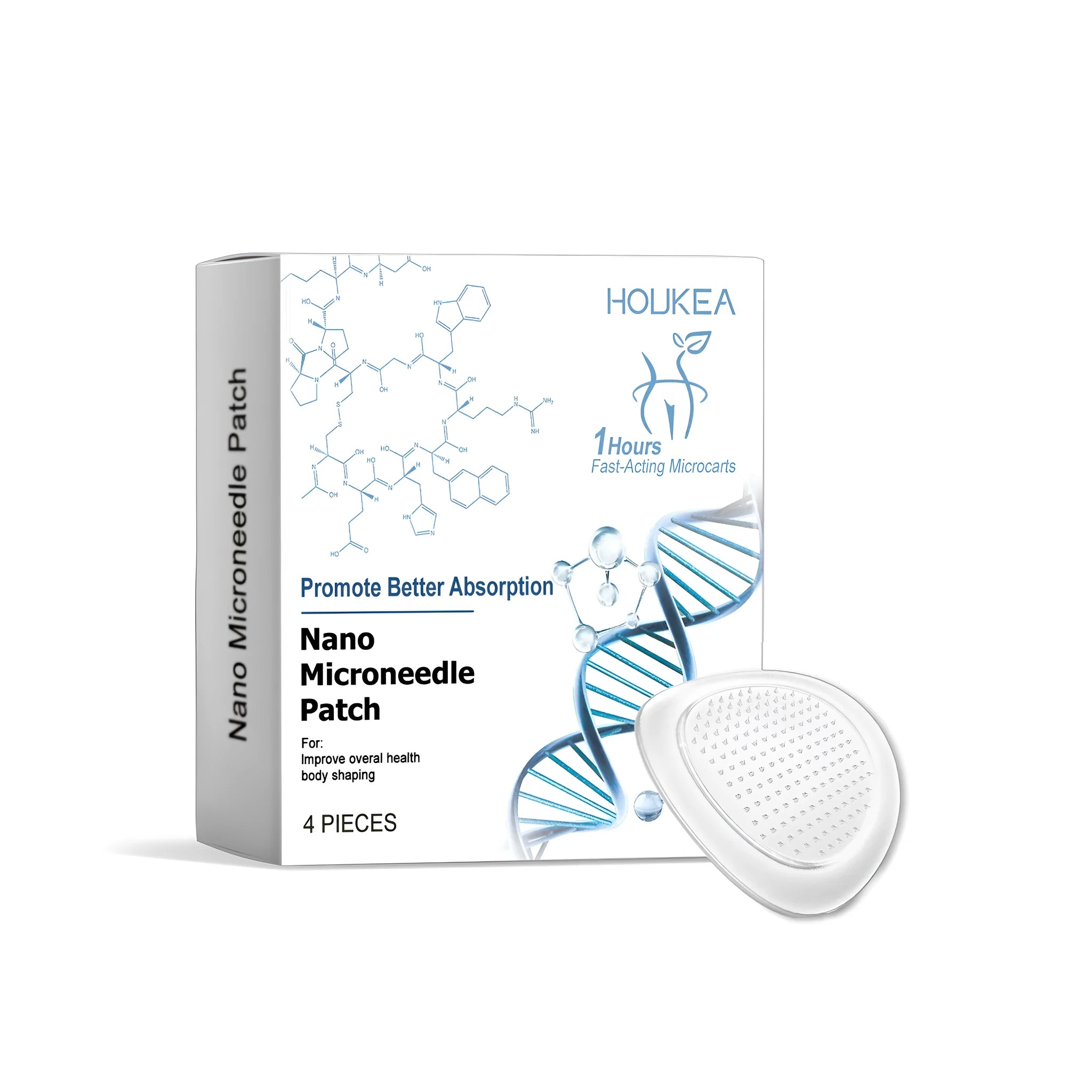Four nano microneedle patches in packaging with herbal extract ingredients listed.