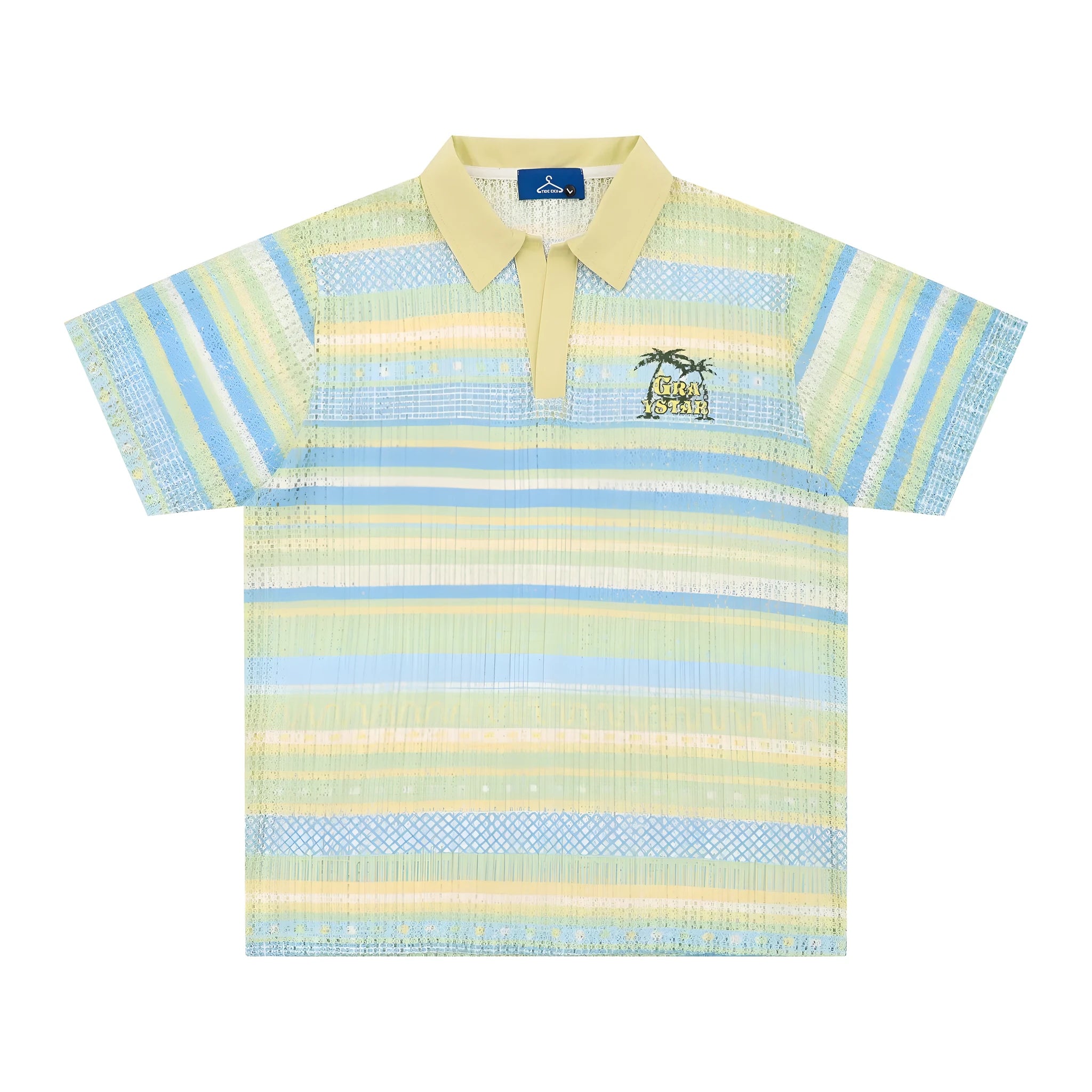 Men's printed casual shirt in yellow or blue with elastic polyester fabric and short sleeves