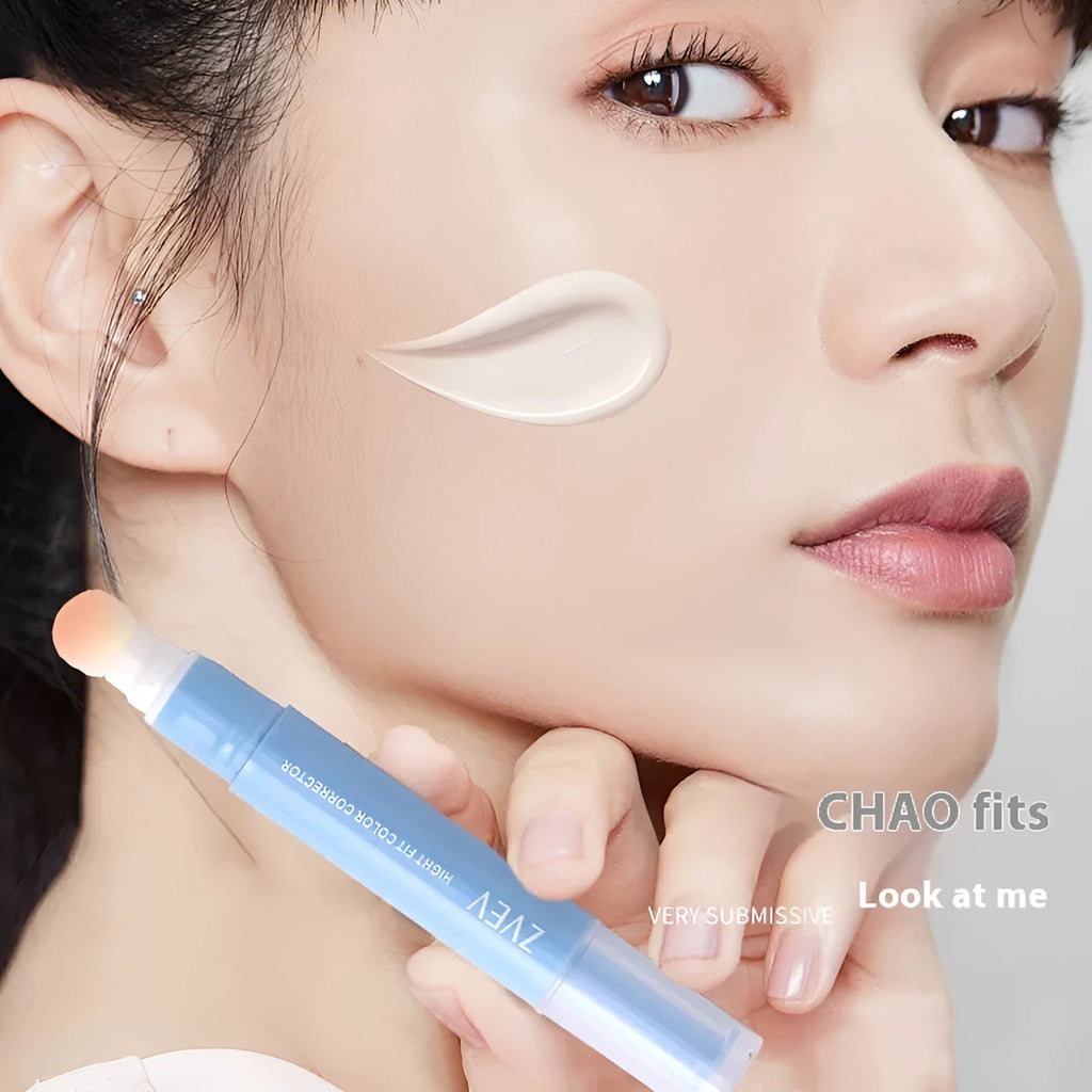 Concealer pen with sponge brush head applicator shown in brightening skin, pink flesh and flesh colour options
