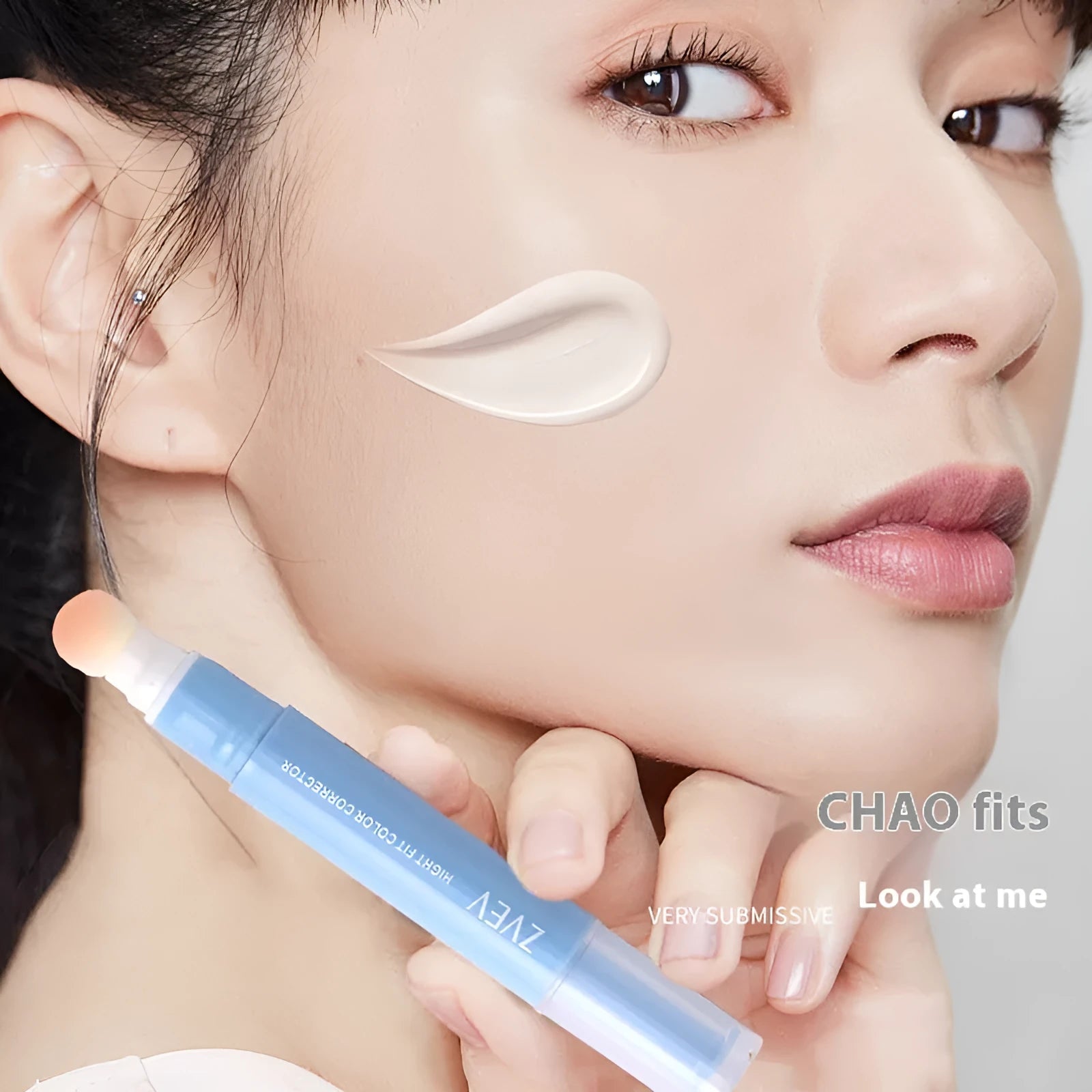 Concealer pen with sponge brush head applicator shown in brightening skin, pink flesh and flesh colour options