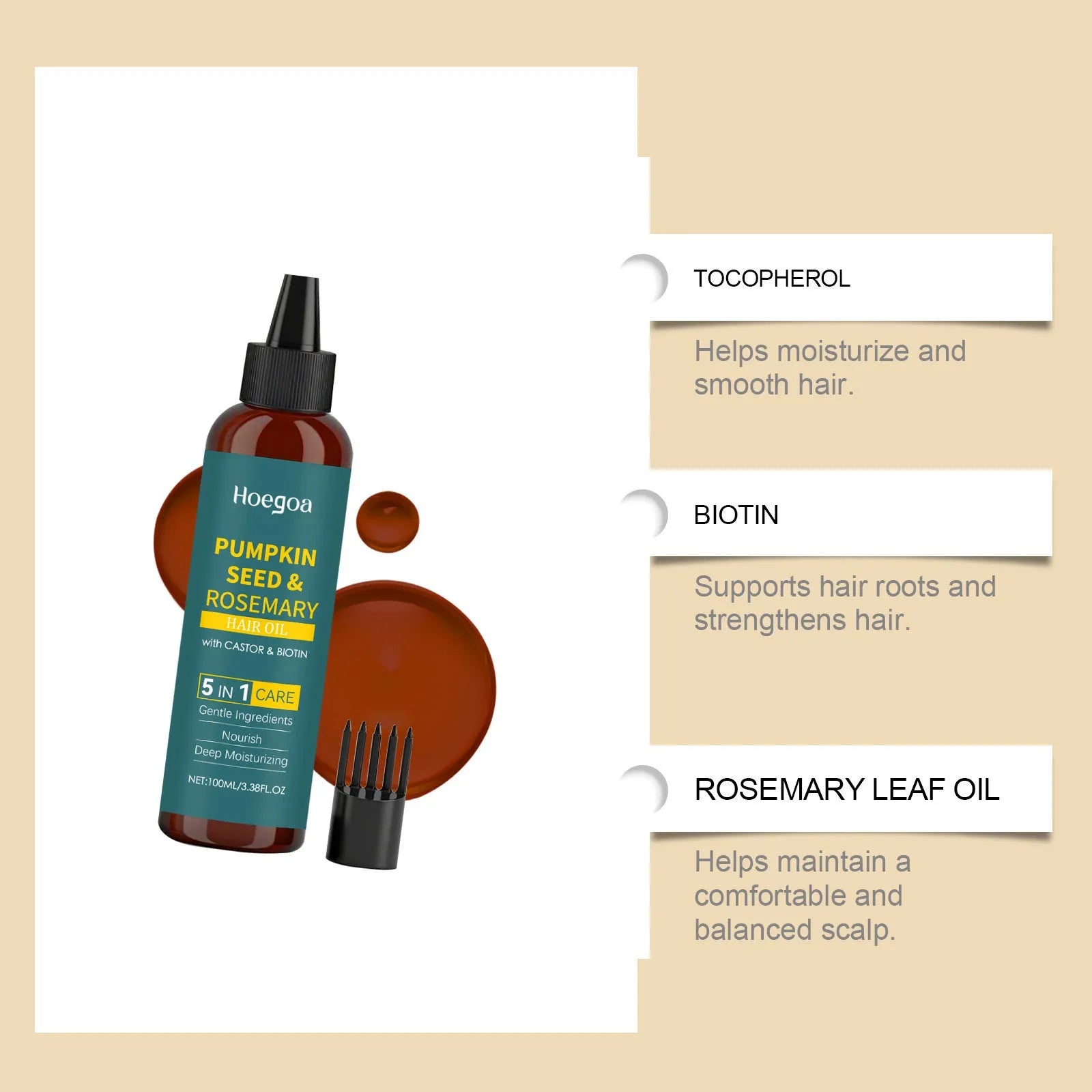 Rosemary hair essential oil 100 ml bottle with pointed applicator and hair comb on a white background.