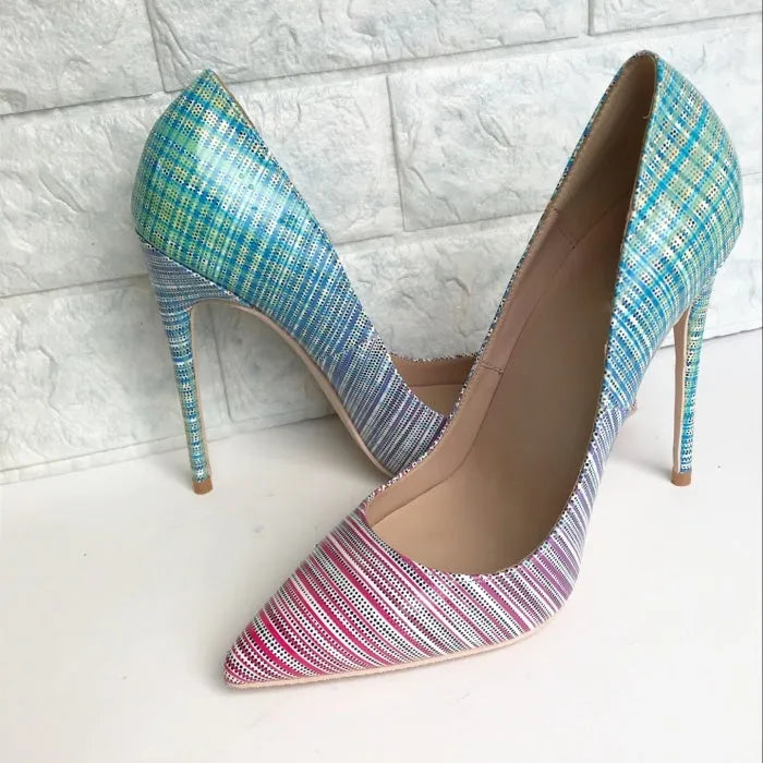 Pink and blue gradient patent leather ladies stiletto heels with pointed toe and thin high heel.
