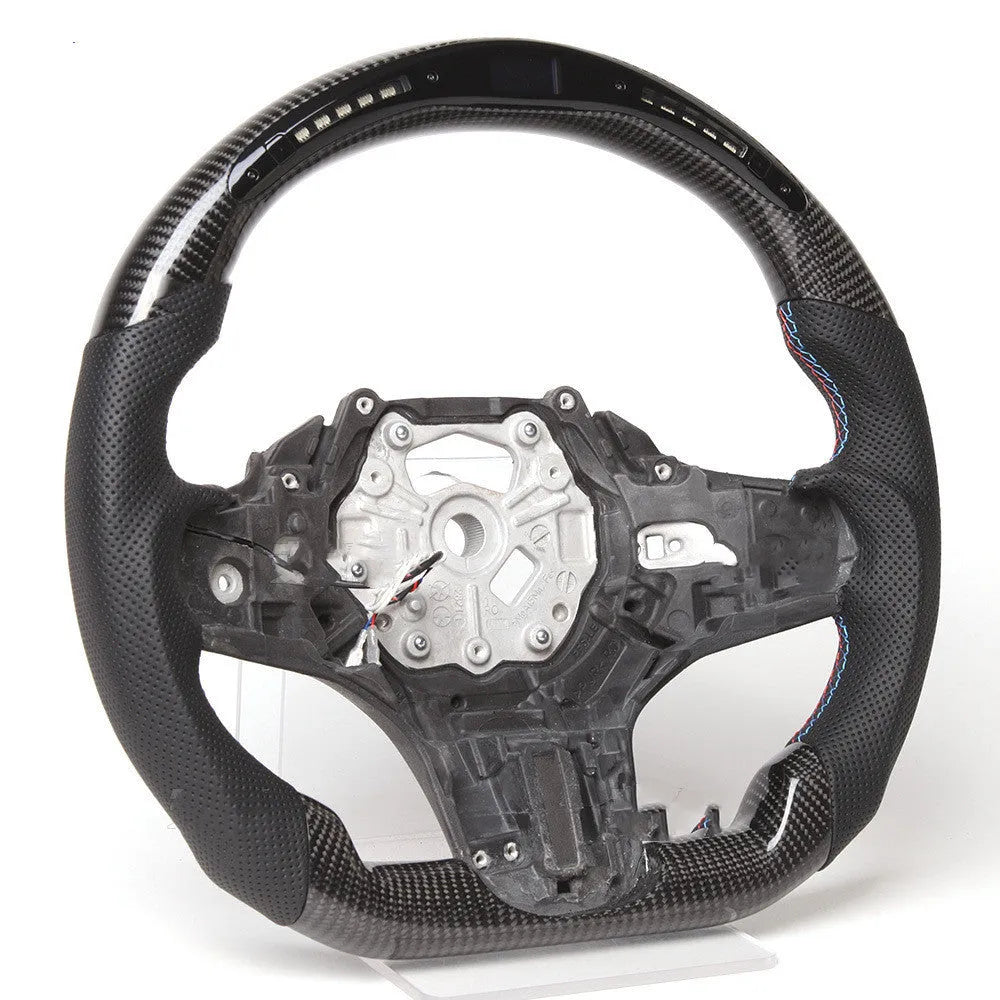 Black carbon fibre sports steering wheel with LED display for BMW X3 and X5