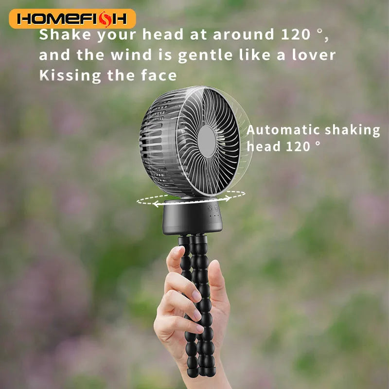HOMEFISH F2 portable fan with automatic head shaking, LED light, and removable bracket on a white background.