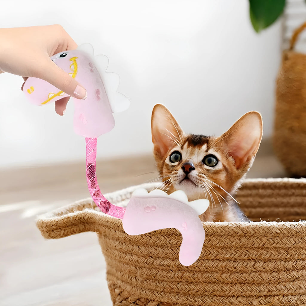 Bundle of four cat toys including chew toys, rope toys, springs and kicker toys in pink, purple and yellow colours