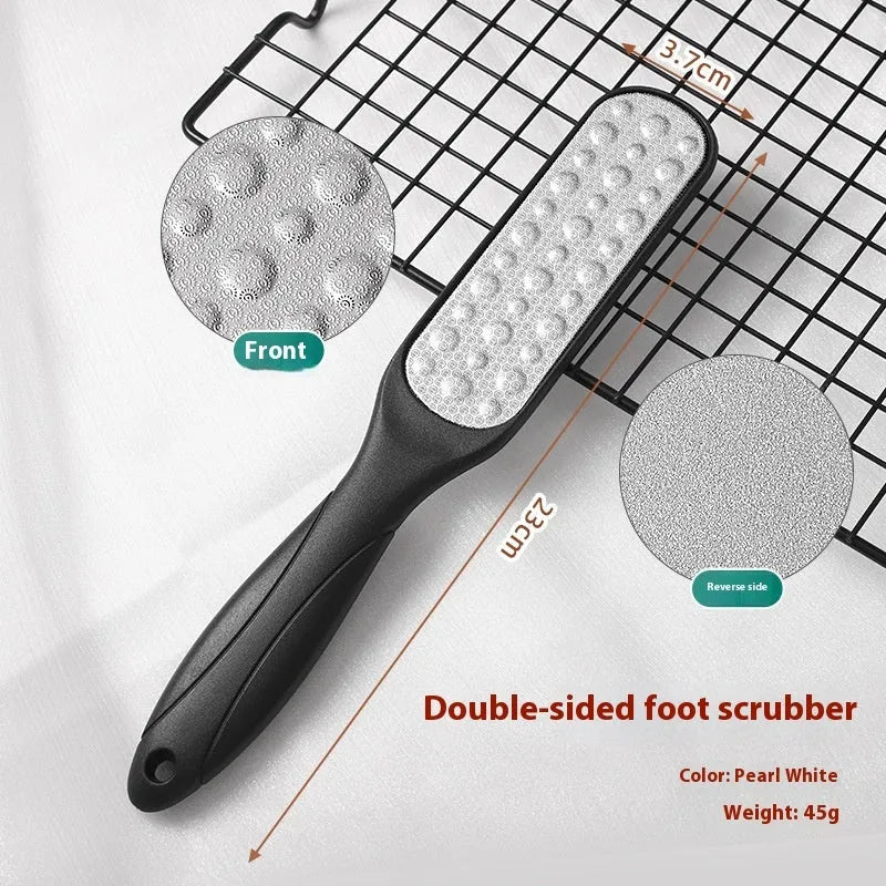 Double-sided stainless steel foot grinder tool for callus removal in black or white.