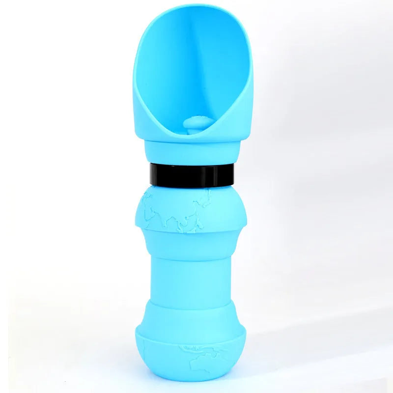 Collapsible silicone pet water cup shown in folded and open positions, available in various colours.
