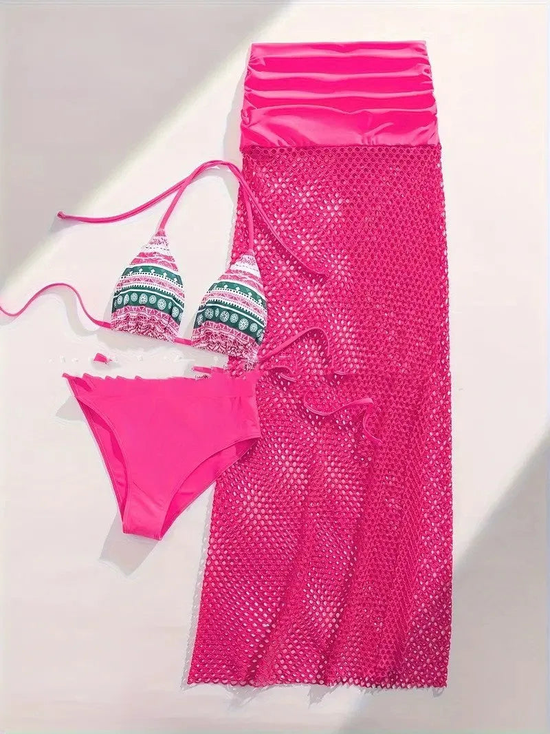 Women's brown gradient bikini set with fishnet long skirt, laid flat showing all three pieces.