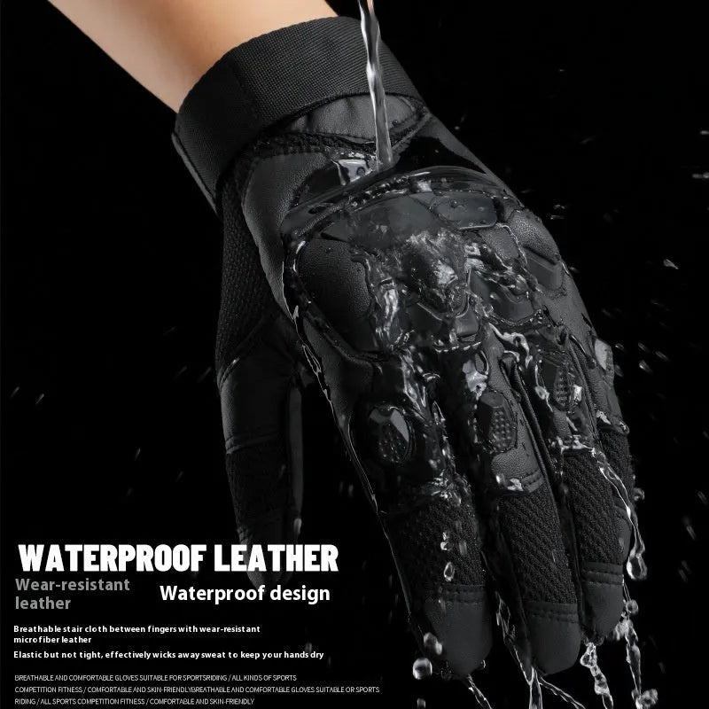 Men's black full finger tactical gloves with touch screen compatible fingertips on a hand.
