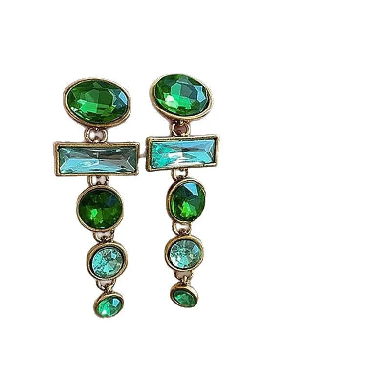 Green gradient retro tassel earrings with geometric Chinese style design and alloy metal construction