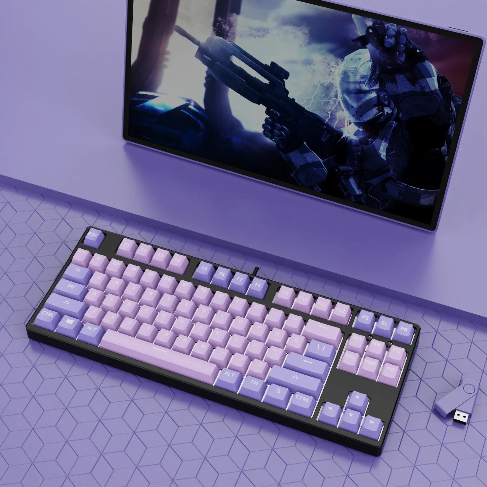 87-key wired mechanical keyboard with hot-swappable sockets showing colour options and included accessories