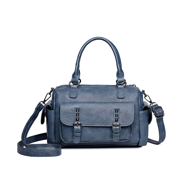 Vintage PU messenger bag in horizontal square shape with contrast stitching