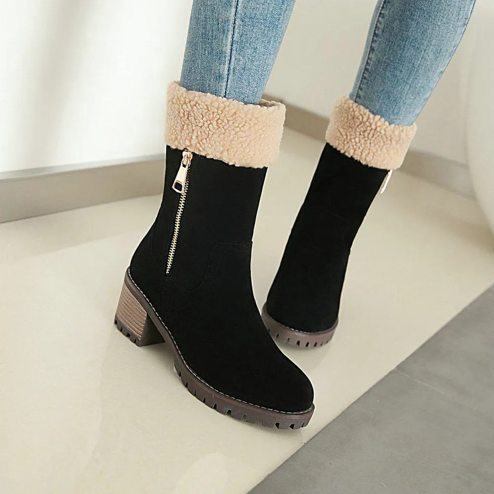 Waterproof snow boots with short plush lining in black, grey, green, or orange.