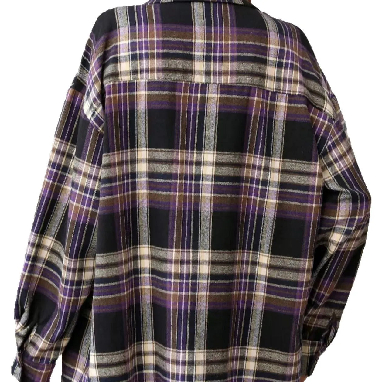 Women's loose fit black plaid long sleeve cotton shirt on a hanger.