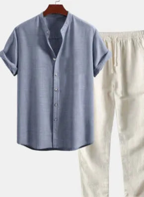 Men's casual short sleeve shirt and trousers suit in polyester linen fabric with loose fit