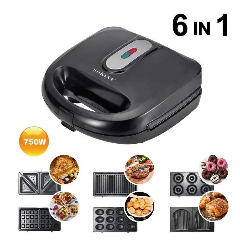 Black double-sided electric sandwich pan with brushed stainless steel lid and non-stick plates.