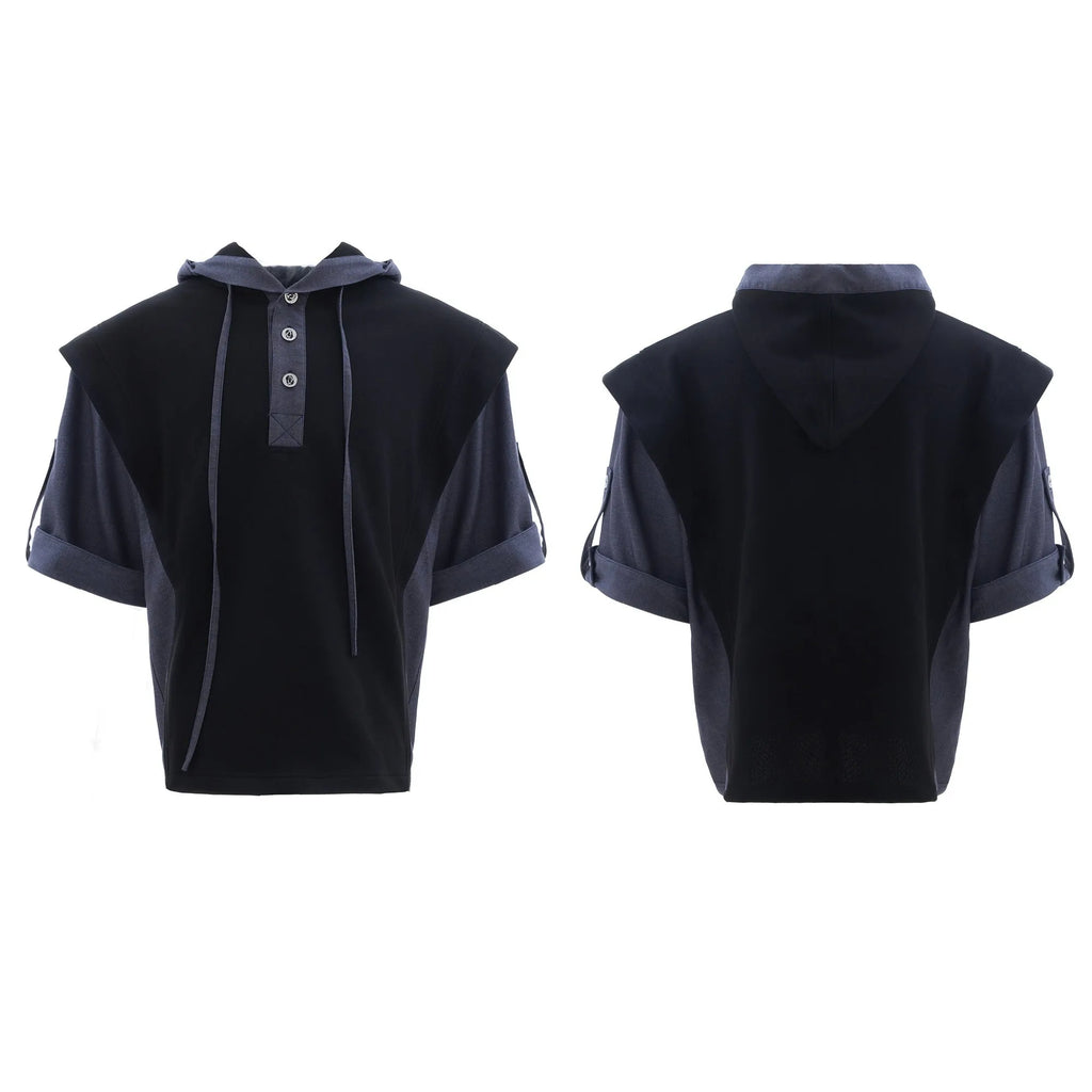 Men's black and grey polyester hooded leisure suit with three-dimensional stitching and short sleeve design
