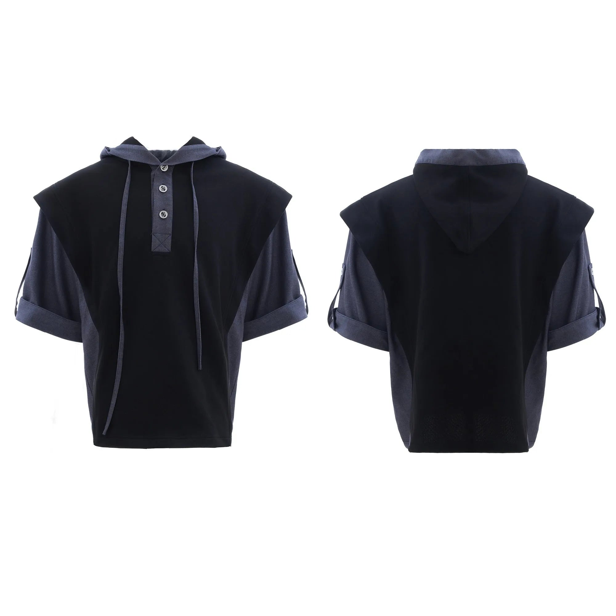 Men's black and grey polyester hooded leisure suit with three-dimensional stitching and short sleeve design