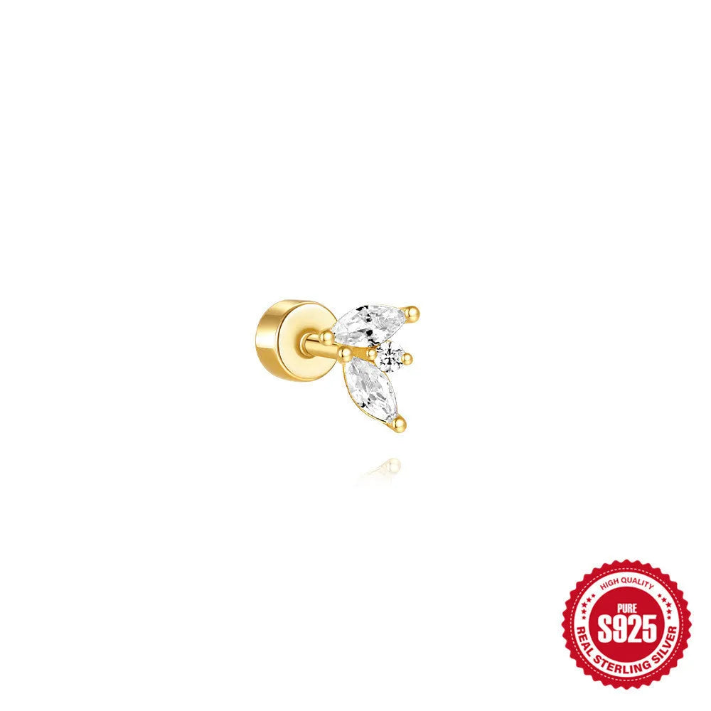 S925 sterling silver flat column geometric ear bone studs with thread detail in a gold colour finish