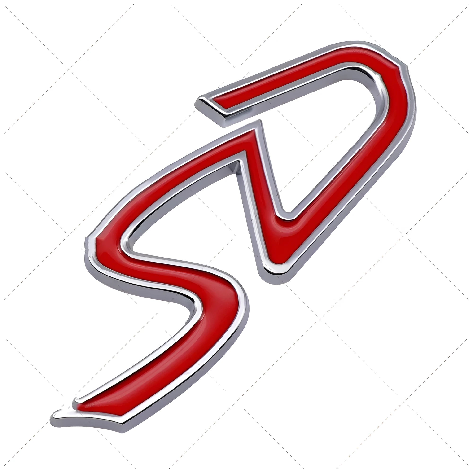 Metal decorative car sticker in SD design with red and silver colouring measuring 7.7cm by 2.9cm