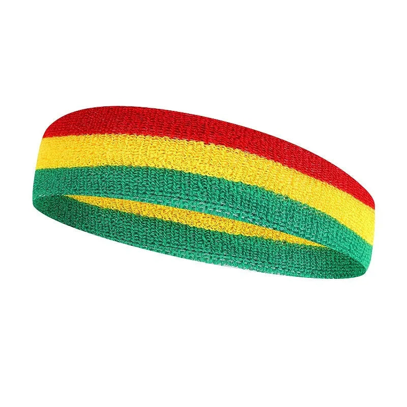Multi-colour striped sports headband for adults shown in a 5.5 by 20 cm size.