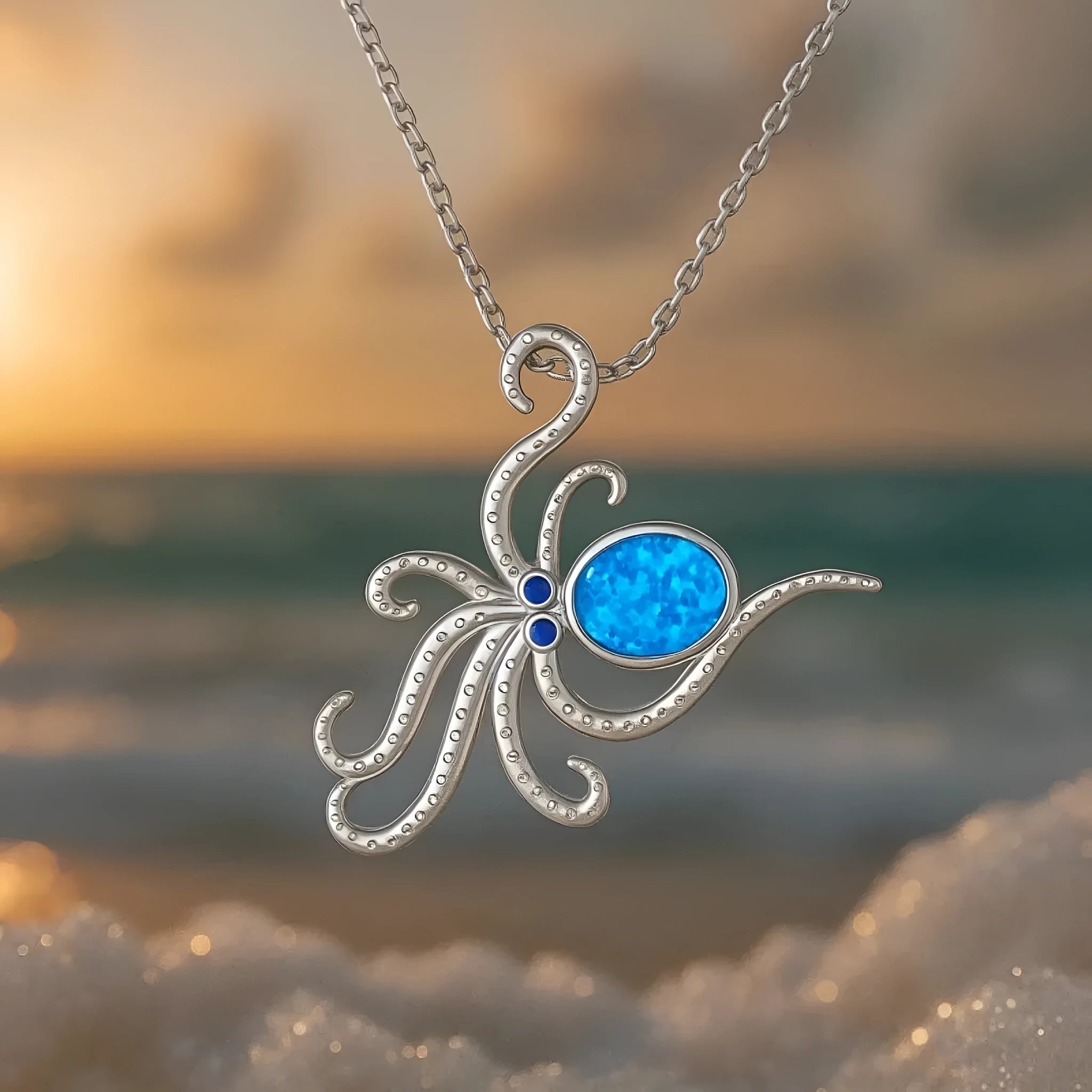 Silver stainless steel necklace with geometric opal-inlaid octopus pendant on box chain