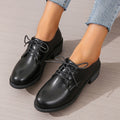 Black women's work shoes with thick chunky heel, PU leather upper, and rubber sole