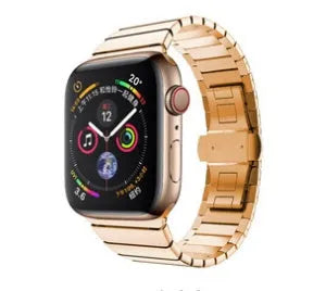 Stainless steel Apple Watch band with butterfly buckle clasp in silver colour