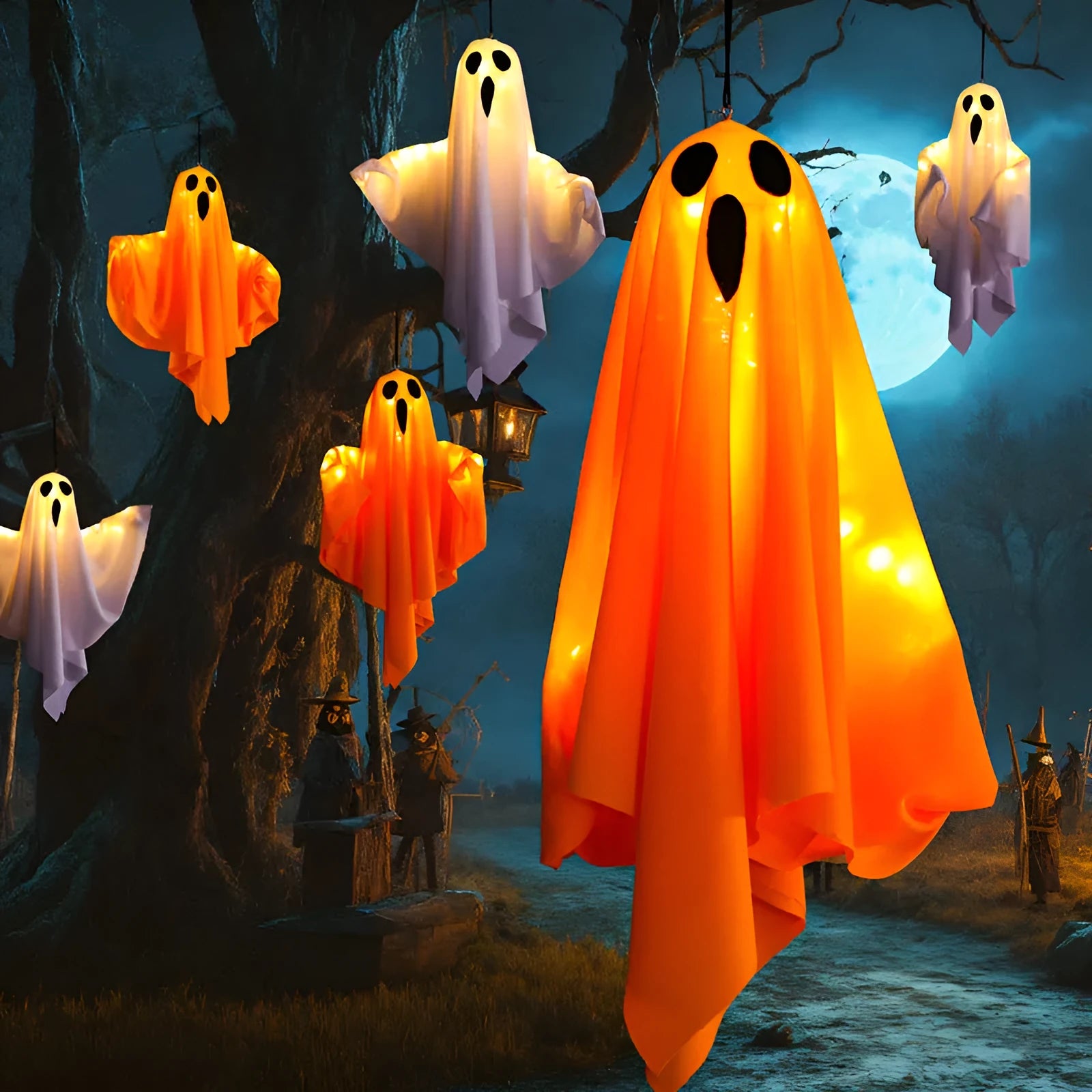 Luminous white ghost horror Halloween light with cloth construction and 4.5V button electronics