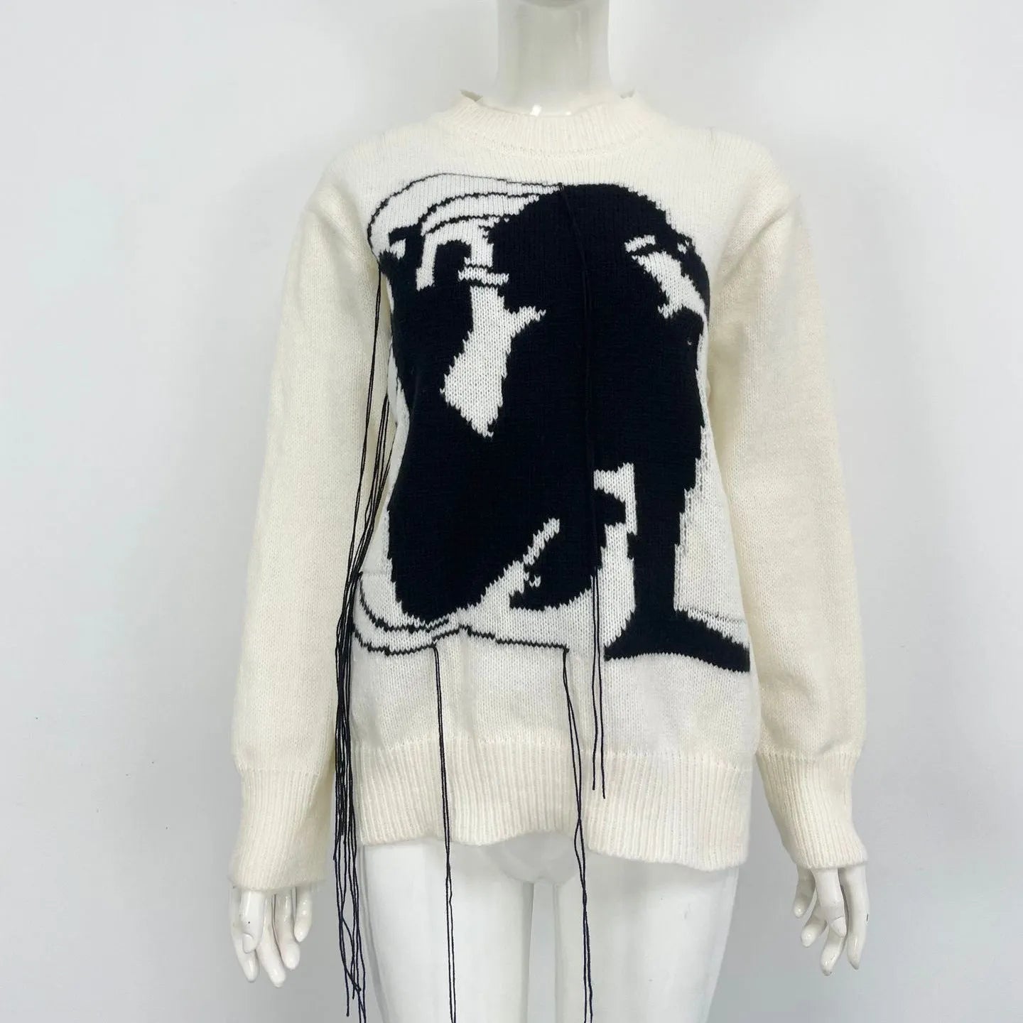 Women's grey Alpaca wool sweater with tassel detailing and abstract pattern in loose street fashion style