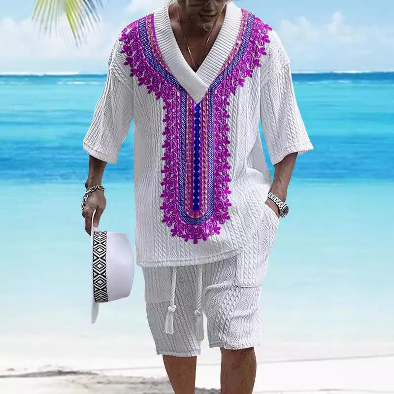 Men's knitted short-sleeved top and matching shorts in a solid colour, showing relaxed drop-shoulder fit.