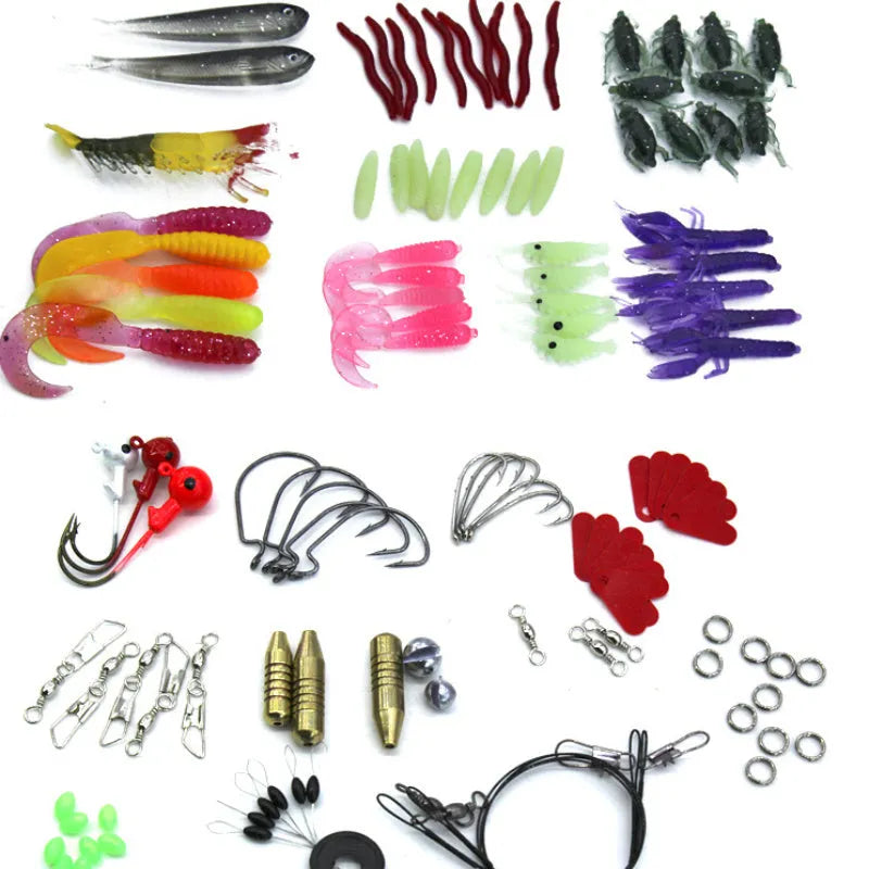 132-piece fishing lure set with soft plastic baits and high carbon steel hooks in rose red treasure colour