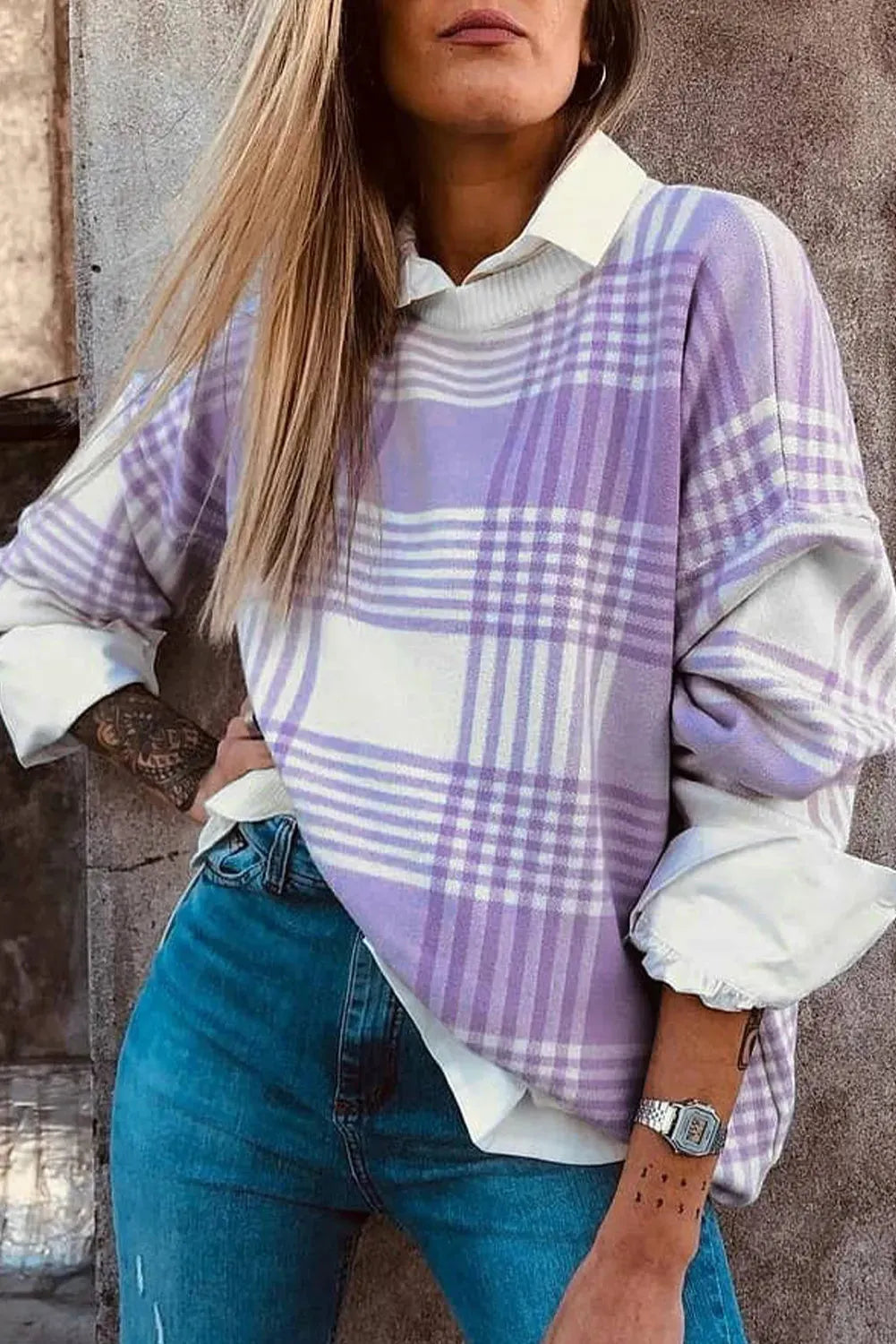 Lilac plaid print loose fit long sleeve sweater with ribbed collar and cuffs