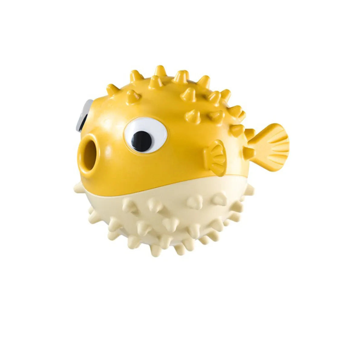 Yellow fish-shaped dog chew toy with convex texture and squeaker for aggressive chewers
