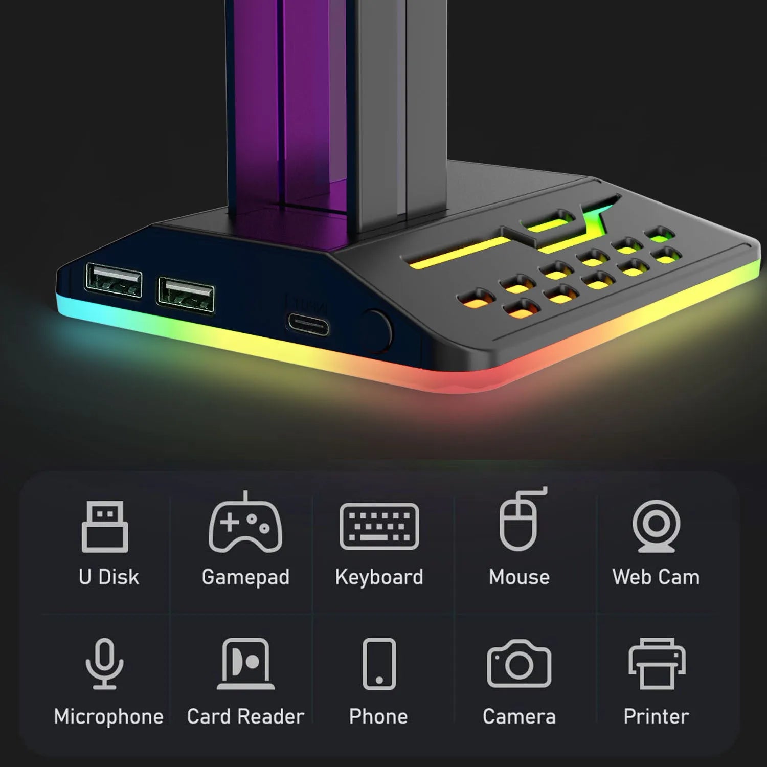 RGB headphone bracket with dual USB ports and customisable lighting on desk with headphones
