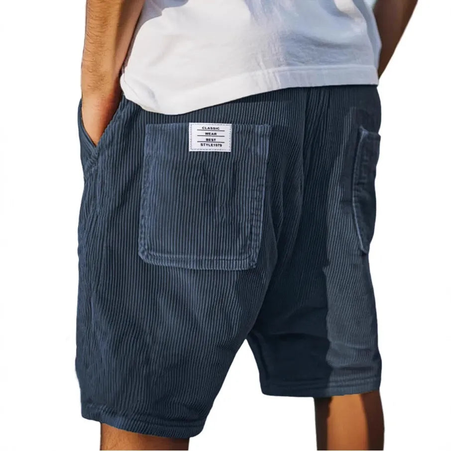 Men's straight-leg corduroy shorts with multi-pockets and embroidery detail in various colours