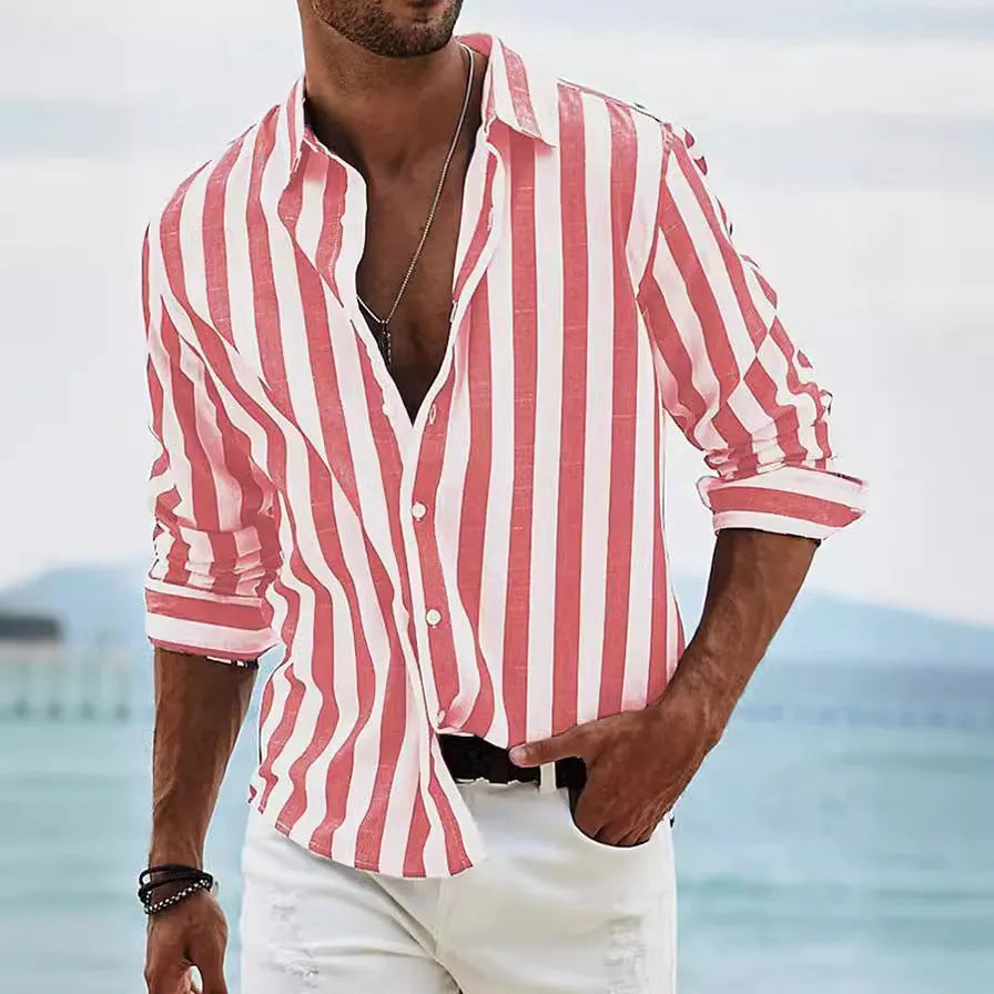 Men's loose striped long-sleeved cardigan shirt in British style on a hanger