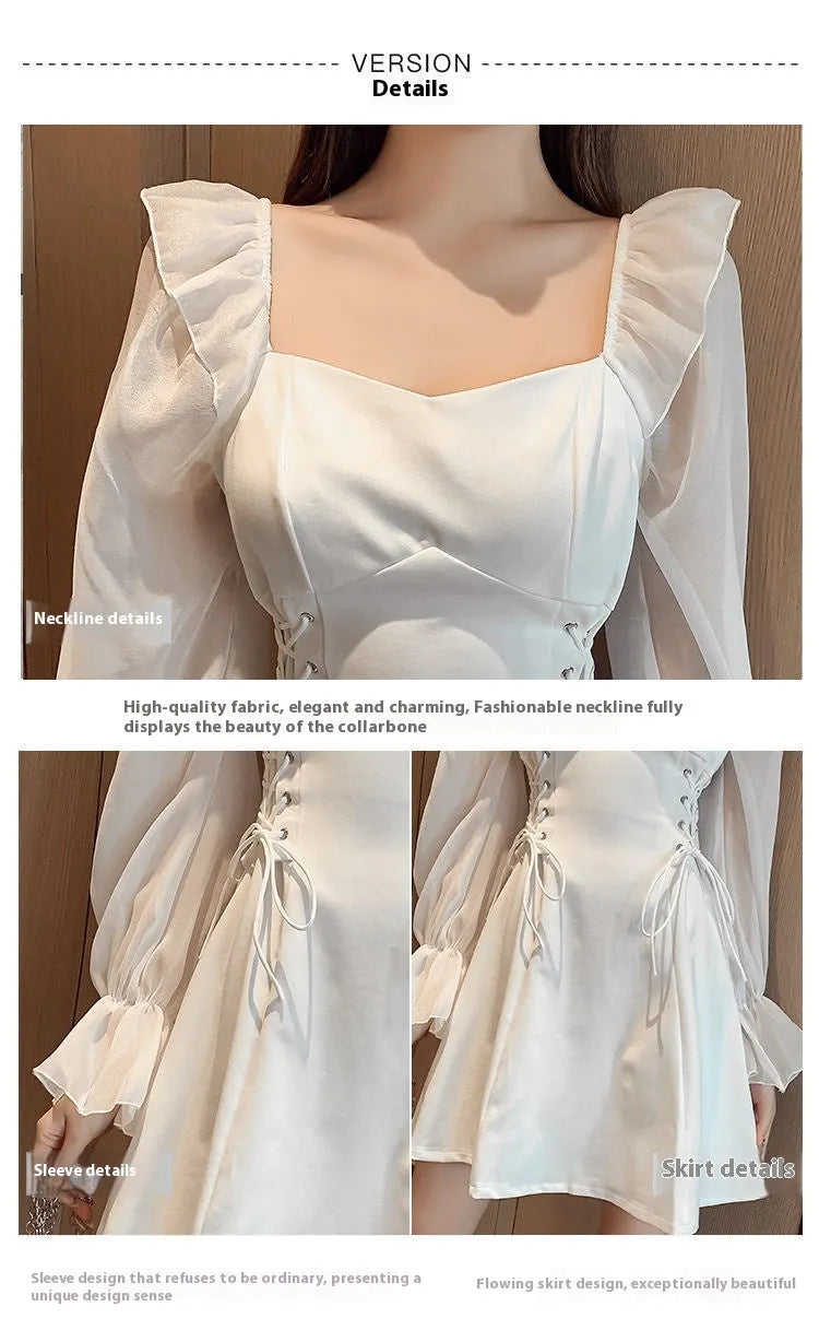 White women's long sleeve maxi dress with patchwork detail and a fitted waist.