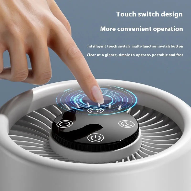 White simple-style desktop USB air purifier with Type-C cable on a desk.