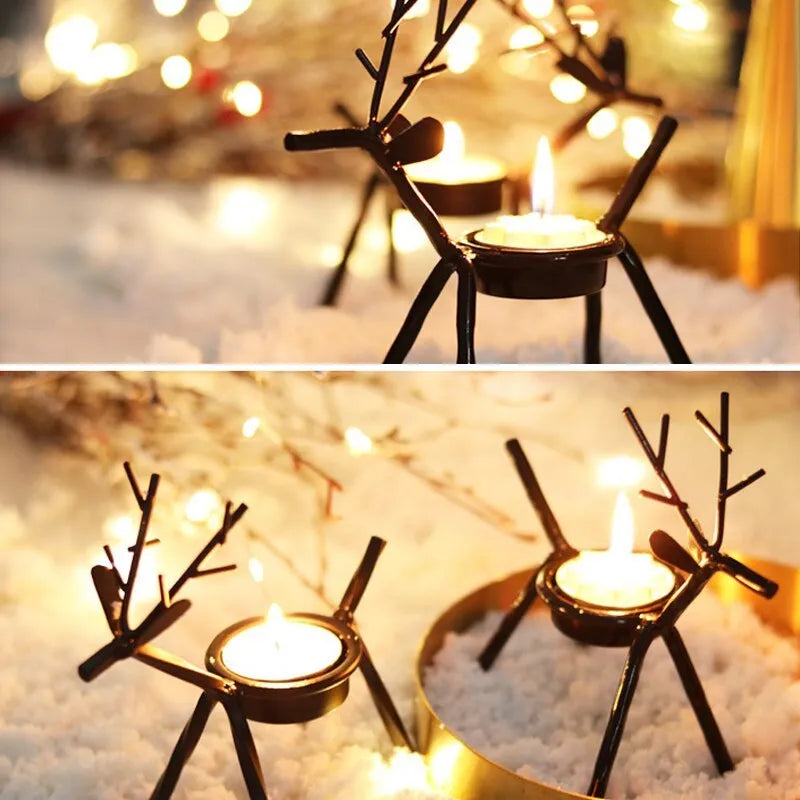 Black iron Christmas candlestick holder with creative elk bracket design for table decoration.