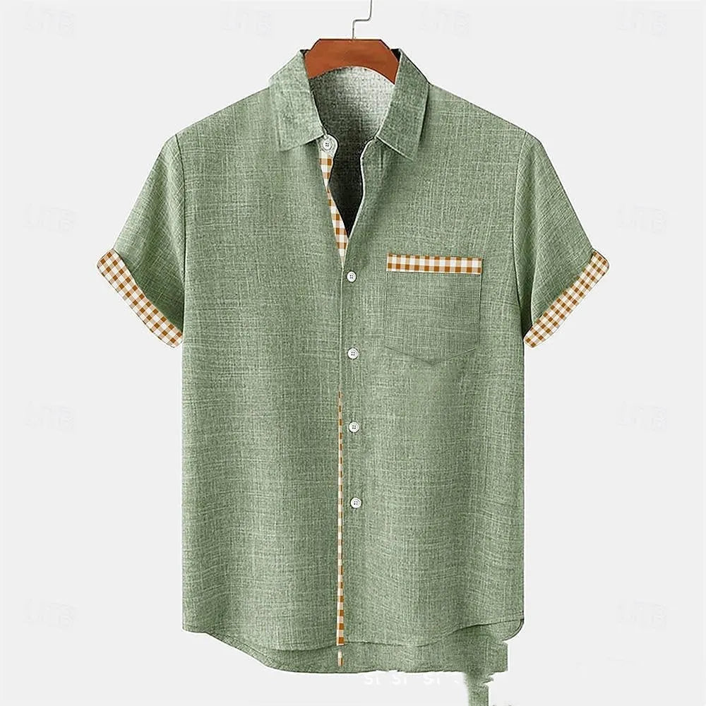Linen short sleeve shirt with ocean fish pattern print on front, loose fit casual styling