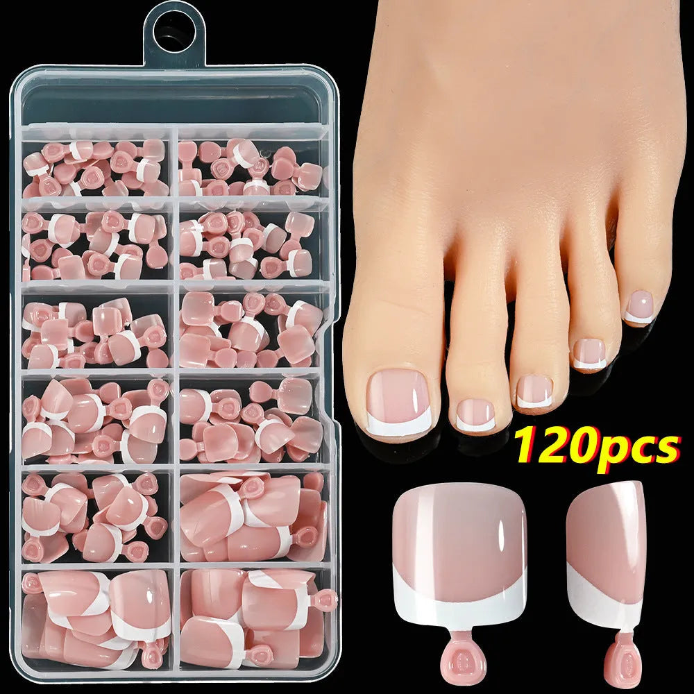 120 piece box of French white edge toenail pieces in nine nude colours with full square short shape