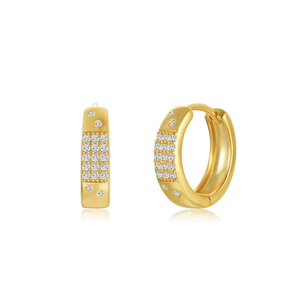 Geometric brass diamond earclip earrings with round accents in golden electroplated finish