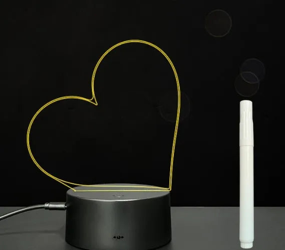 3D acrylic message board lamp with handwritten text glowing in colour, featuring a black touch base and remote control