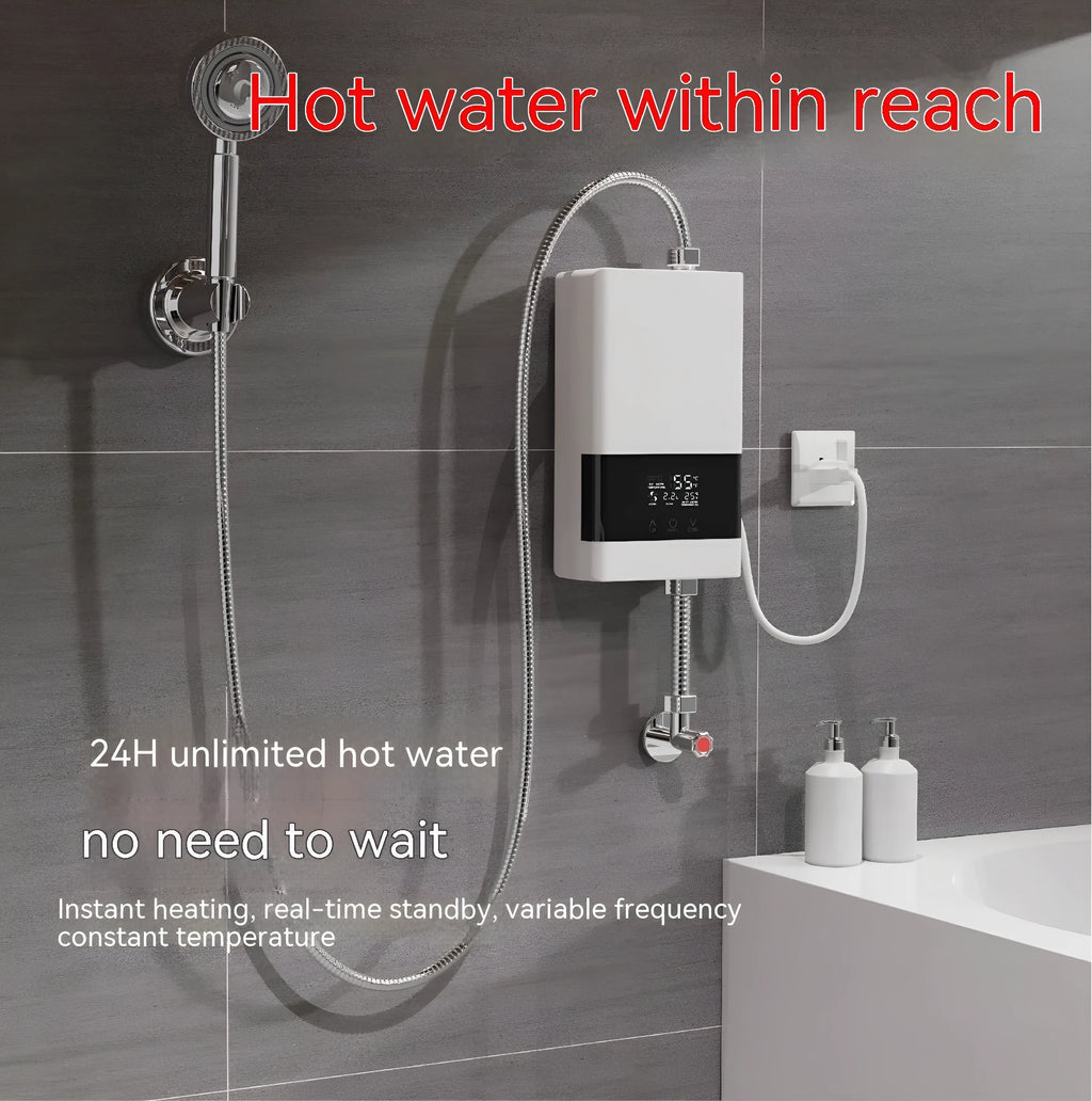 Gold and white instant electric water heater with LED touch screen and cast aluminum body for kitchen and shower use