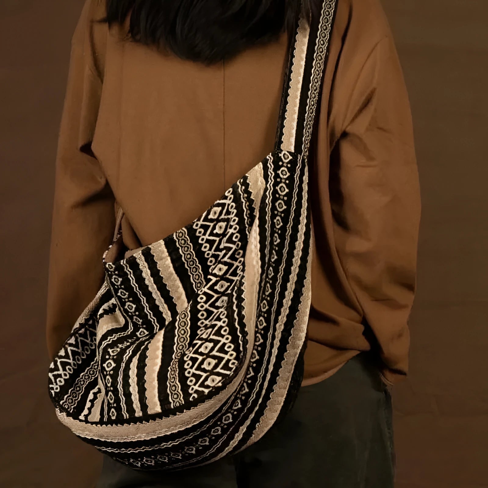 Corduroy vintage messenger bag with jacquard stripe pattern and adjustable plaid shoulder strap